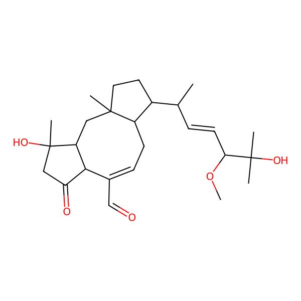 2D Structure of 4-Hydroxy-12-(6-hydroxy-5-methoxy-6-methylhept-3-en-2-yl)-1,4-dimethyl-6-oxotricyclo[9.3.0.03,7]tetradec-8-ene-8-carbaldehyde
