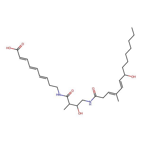 2D Structure of 9-[[3-Hydroxy-4-[(7-hydroxy-4-methyltetradeca-3,5-dienoyl)amino]-2-methylbutanoyl]amino]nona-2,4,6-trienoic acid