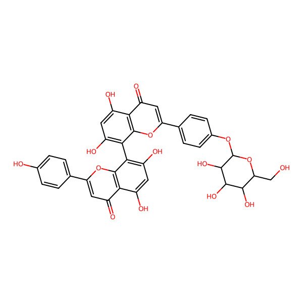 2D Structure of 8-[5,7-dihydroxy-4-oxo-2-[4-[(2S,3R,4S,5S,6R)-3,4,5-trihydroxy-6-(hydroxymethyl)oxan-2-yl]oxyphenyl]chromen-8-yl]-5,7-dihydroxy-2-(4-hydroxyphenyl)chromen-4-one