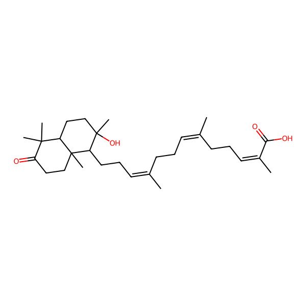 2D Structure of (2E,6E,10E)-13-[(2R,4aR)-2-hydroxy-2,5,5,8a-tetramethyl-6-oxo-1,3,4,4a,7,8-hexahydronaphthalen-1-yl]-2,6,10-trimethyltrideca-2,6,10-trienoic acid