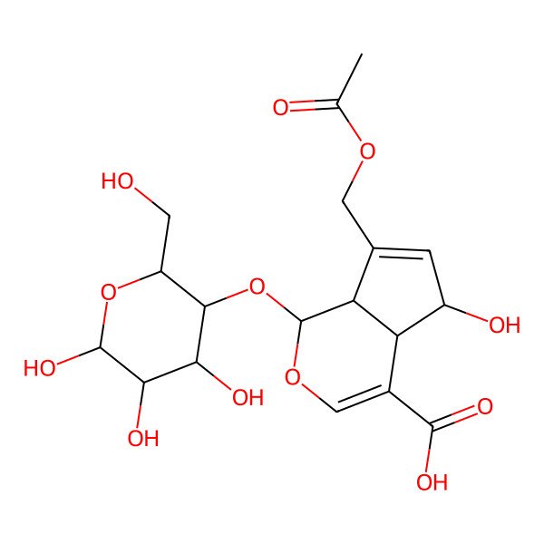 2D Structure of 7-(Acetyloxymethyl)-5-hydroxy-1-[4,5,6-trihydroxy-2-(hydroxymethyl)oxan-3-yl]oxy-1,4a,5,7a-tetrahydrocyclopenta[c]pyran-4-carboxylic acid