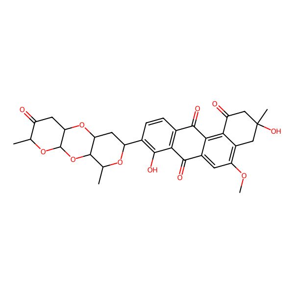 2D Structure of (3R)-9-[(1R,3R,5S,8S,10R,12R,14R)-5,14-dimethyl-6-oxo-2,4,9,13-tetraoxatricyclo[8.4.0.03,8]tetradecan-12-yl]-3,8-dihydroxy-5-methoxy-3-methyl-2,4-dihydrobenzo[a]anthracene-1,7,12-trione