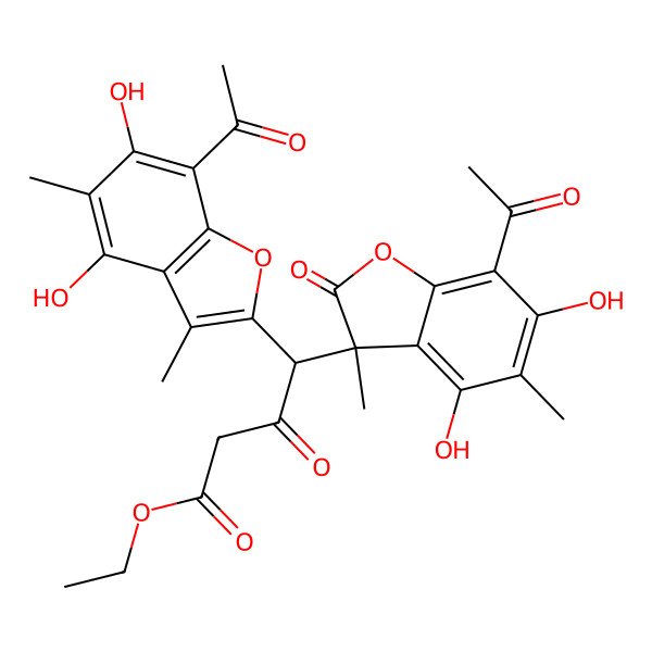 2D Structure of Ethyl 4-(7-acetyl-4,6-dihydroxy-3,5-dimethyl-2-oxo-2,3-dihydrobenzofuran-3-yl)-4-(7-acetyl-4,6-dihydroxy-3,5-dimethylbenzofuran-2-yl)-3-oxobutanoate