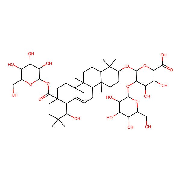 2D Structure of (2S,3S,4S,5R,6R)-6-[[(3S,4aR,6aR,6bS,8aR,12S,12aS,14aR,14bR)-12-hydroxy-4,4,6a,6b,11,11,14b-heptamethyl-8a-[(2S,3R,4S,5S,6R)-3,4,5-trihydroxy-6-(hydroxymethyl)oxan-2-yl]oxycarbonyl-1,2,3,4a,5,6,7,8,9,10,12,12a,14,14a-tetradecahydropicen-3-yl]oxy]-3,4-dihydroxy-5-[(2S,3R,4S,5R,6R)-3,4,5-trihydroxy-6-(hydroxymethyl)oxan-2-yl]oxyoxane-2-carboxylic acid