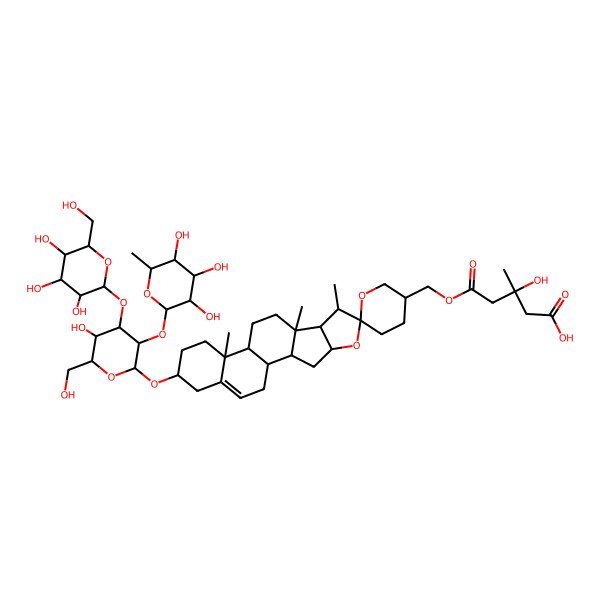 2D Structure of (3S)-3-hydroxy-5-[[(1S,2S,3'R,4S,6R,7S,8R,9S,12S,13R,16S)-16-[(2R,3R,4S,5R,6R)-5-hydroxy-6-(hydroxymethyl)-4-[(2S,3R,4S,5S,6R)-3,4,5-trihydroxy-6-(hydroxymethyl)oxan-2-yl]oxy-3-[(2S,3R,4R,5R,6S)-3,4,5-trihydroxy-6-methyloxan-2-yl]oxyoxan-2-yl]oxy-7,9,13-trimethylspiro[5-oxapentacyclo[10.8.0.02,9.04,8.013,18]icos-18-ene-6,6'-oxane]-3'-yl]methoxy]-3-methyl-5-oxopentanoic acid