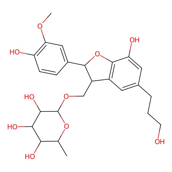 2D Structure of (2R,3R,4R,5R,6S)-2-[[(2S,3R)-7-hydroxy-2-(4-hydroxy-3-methoxyphenyl)-5-(3-hydroxypropyl)-2,3-dihydro-1-benzofuran-3-yl]methoxy]-6-methyloxane-3,4,5-triol