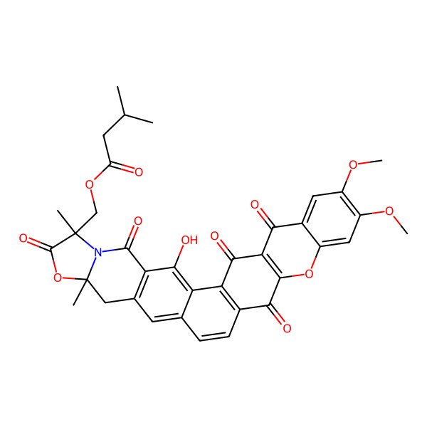 2D Structure of (3-Hydroxy-23,24-dimethoxy-7,10-dimethyl-5,8,18,27,29-pentaoxo-9,20-dioxa-6-azaheptacyclo[15.12.0.02,14.04,12.06,10.019,28.021,26]nonacosa-1(17),2,4(12),13,15,19(28),21,23,25-nonaen-7-yl)methyl 3-methylbutanoate