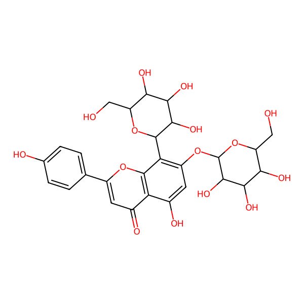 2D Structure of 5-Hydroxy-2-(4-hydroxyphenyl)-8-[3,4,5-trihydroxy-6-(hydroxymethyl)oxan-2-yl]-7-[3,4,5-trihydroxy-6-(hydroxymethyl)oxan-2-yl]oxychromen-4-one