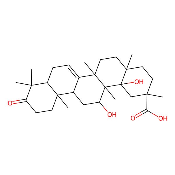 2D Structure of 14,14b-Dihydroxy-2,4a,6a,9,9,12a,14a-heptamethyl-10-oxo-1,3,4,5,6,6a,8,8a,11,12,13,14-dodecahydropicene-2-carboxylic acid 2D Structure of 14,14b-Dihydroxy-2,4a,6a,9,9,12a,14a-heptamethyl-10-oxo-1,3,4,5,6,6a,8,8a,11,12,13,14-dodecahydropicene-2-carboxylic acid