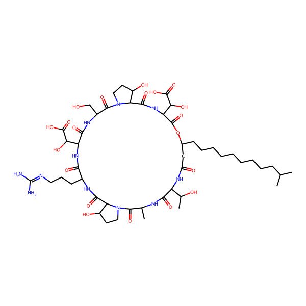2D Structure of 2-[28-[Carboxy(hydroxy)methyl]-9-[3-(diaminomethylideneamino)propyl]-13,32-dihydroxy-21-(1-hydroxyethyl)-3-(hydroxymethyl)-18-methyl-25-(10-methylundecyl)-2,5,8,11,17,20,23,27,30-nonaoxo-26-oxa-1,4,7,10,16,19,22,29-octazatricyclo[29.3.0.012,16]tetratriacontan-6-yl]-2-hydroxyacetic acid