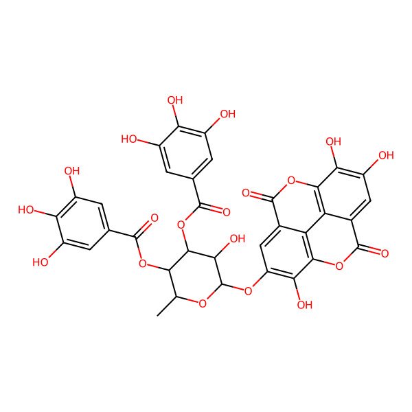 2D Structure of [5-Hydroxy-2-methyl-4-(3,4,5-trihydroxybenzoyl)oxy-6-[(7,13,14-trihydroxy-3,10-dioxo-2,9-dioxatetracyclo[6.6.2.04,16.011,15]hexadeca-1(15),4,6,8(16),11,13-hexaen-6-yl)oxy]oxan-3-yl] 3,4,5-trihydroxybenzoate
