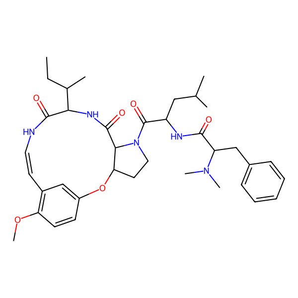 2D Structure of (2S)-N-[(2S)-1-[(3R,7S,10S,13Z)-10-[(2S)-butan-2-yl]-16-methoxy-8,11-dioxo-2-oxa-6,9,12-triazatricyclo[13.3.1.03,7]nonadeca-1(19),13,15,17-tetraen-6-yl]-4-methyl-1-oxopentan-2-yl]-2-(dimethylamino)-3-phenylpropanamide