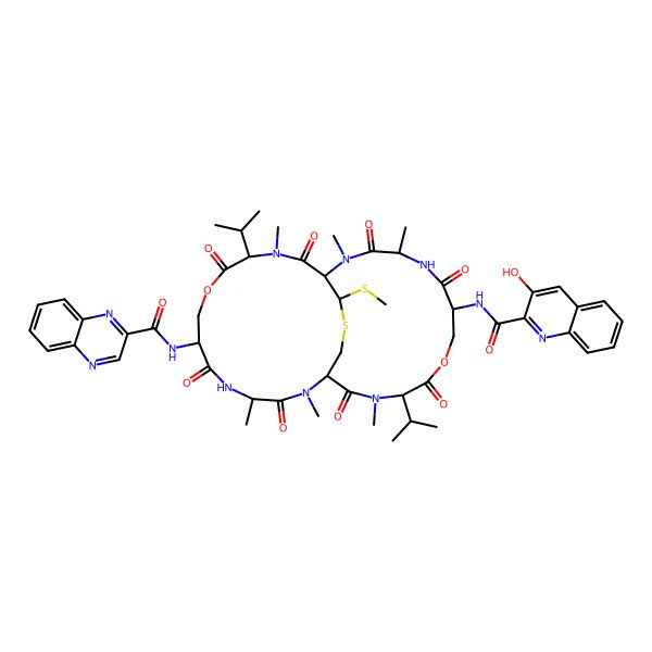 2D Structure of N-[20-[(3-hydroxyquinoline-2-carbonyl)amino]-2,4,12,15,17,25-hexamethyl-29-methylsulfanyl-3,6,10,13,16,19,23,26-octaoxo-11,24-di(propan-2-yl)-9,22-dioxa-28-thia-2,5,12,15,18,25-hexazabicyclo[12.12.3]nonacosan-7-yl]quinoxaline-2-carboxamide