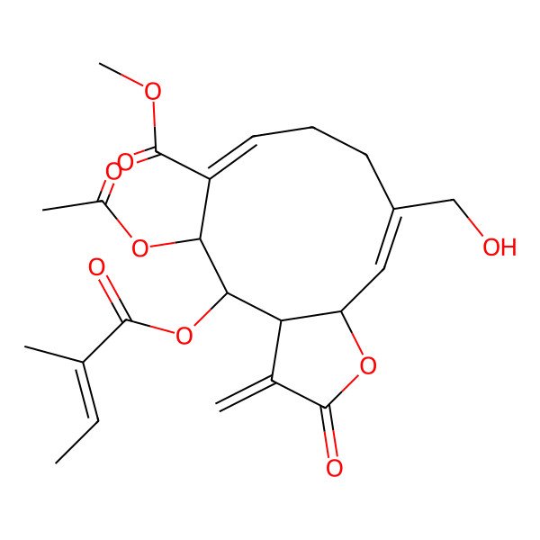 2D Structure of methyl (3aS,4S,5S,6E,10E,11aR)-5-acetyloxy-10-(hydroxymethyl)-4-[(E)-2-methylbut-2-enoyl]oxy-3-methylidene-2-oxo-3a,4,5,8,9,11a-hexahydrocyclodeca[b]furan-6-carboxylate