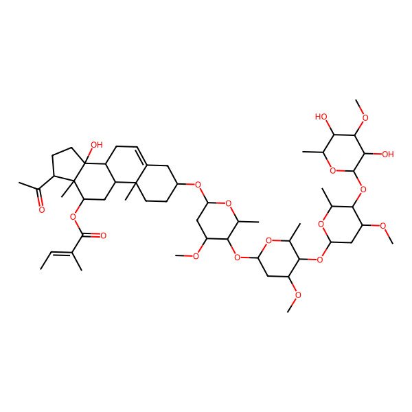 2D Structure of [(3S,8R,9S,10R,12R,13S,14S,17S)-17-acetyl-3-[(2R,4S,5R,6R)-5-[(2S,4S,5R,6R)-5-[(2S,4S,5R,6R)-5-[(2S,3R,4S,5R,6R)-3,5-dihydroxy-4-methoxy-6-methyloxan-2-yl]oxy-4-methoxy-6-methyloxan-2-yl]oxy-4-methoxy-6-methyloxan-2-yl]oxy-4-methoxy-6-methyloxan-2-yl]oxy-14-hydroxy-10,13-dimethyl-1,2,3,4,7,8,9,11,12,15,16,17-dodecahydrocyclopenta[a]phenanthren-12-yl] (E)-2-methylbut-2-enoate