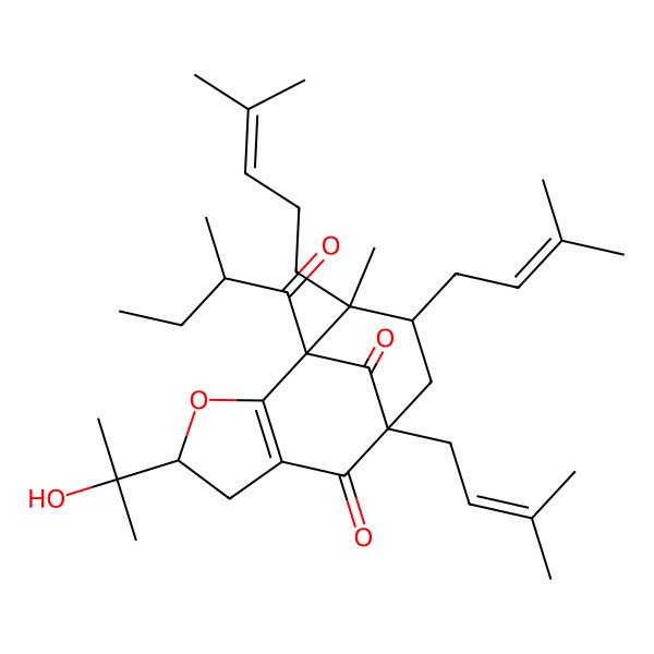 2D Structure of 4-(2-Hydroxypropan-2-yl)-11-methyl-1-(2-methylbutanoyl)-8,10-bis(3-methylbut-2-enyl)-11-(4-methylpent-3-enyl)-3-oxatricyclo[6.3.1.02,6]dodec-2(6)-ene-7,12-dione