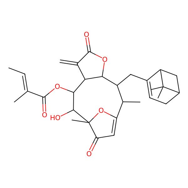 2D Structure of [(2R,3S,4S,8S,9S,10R,11R)-3-[[(1S,5R)-6,6-dimethyl-2-bicyclo[3.1.1]hept-2-enyl]methyl]-10-hydroxy-2,11-dimethyl-7-methylidene-6,12-dioxo-5,14-dioxatricyclo[9.2.1.04,8]tetradec-1(13)-en-9-yl] (Z)-2-methylbut-2-enoate