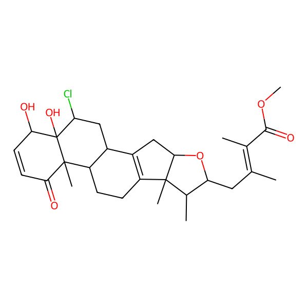 2D Structure of Methyl 4-(19-chloro-17,18-dihydroxy-7,8,13-trimethyl-14-oxo-5-oxapentacyclo[10.8.0.02,9.04,8.013,18]icosa-2(9),15-dien-6-yl)-2,3-dimethylbut-2-enoate