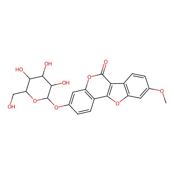 2D Structure of 9-methoxy-3-[(2S,3R,4S,5S,6R)-3,4,5-trihydroxy-6-(hydroxymethyl)oxan-2-yl]oxy-[1]benzofuro[3,2-c]chromen-6-one