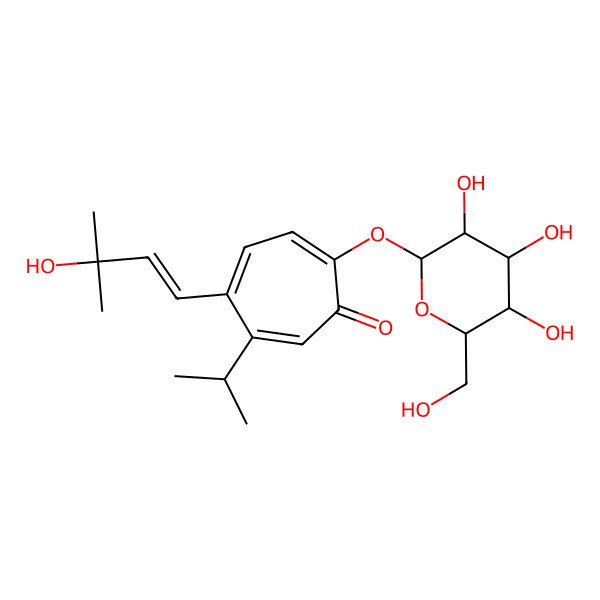 2D Structure of 5-[(E)-3-hydroxy-3-methylbut-1-enyl]-6-propan-2-yl-2-[(2S,3R,4S,5S,6R)-3,4,5-trihydroxy-6-(hydroxymethyl)oxan-2-yl]oxycyclohepta-2,4,6-trien-1-one