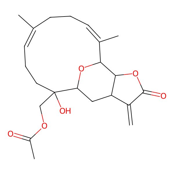 2D Structure of (2-Hydroxy-6,10-dimethyl-15-methylidene-14-oxo-13,18-dioxatricyclo[9.6.1.012,16]octadeca-5,9-dien-2-yl)methyl acetate