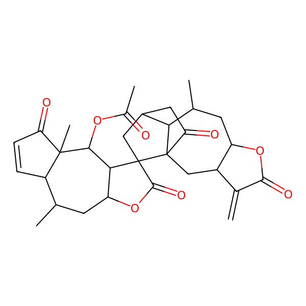 2D Structure of [(1S,1'R,3'R,3aR,5R,5aR,7'R,8aR,9S,9'R,9aR,10'R,11'S)-5,8a,9'-trimethyl-4'-methylidene-2,5',8,14'-tetraoxospiro[3a,4,5,5a,9,9a-hexahydroazuleno[6,5-b]furan-1,13'-6-oxatetracyclo[9.2.2.01,10.03,7]pentadecane]-9-yl] acetate