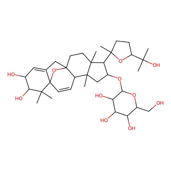 2D Structure of (2R,3R,4S,5S,6R)-2-[[(1S,4S,5S,7S,8R,9R,12S,16R,17R)-16,17-dihydroxy-8-[(2S,5R)-5-(2-hydroxypropan-2-yl)-2-methyloxolan-2-yl]-5,9,18,18-tetramethyl-19-oxapentacyclo[10.6.1.01,14.04,12.05,9]nonadeca-2,14-dien-7-yl]oxy]-6-(hydroxymethyl)oxane-3,4,5-triol