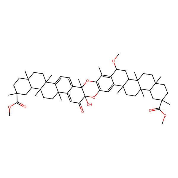 2D Structure of Dimethyl 24-hydroxy-44-methoxy-3,8,11,14,17,20,29,32,35,38,41,46-dodecamethyl-23-oxo-2,25-dioxaundecacyclo[24.20.0.03,24.04,21.07,20.08,17.011,16.028,45.029,42.032,41.033,38]hexatetraconta-1(26),4,6,21,27,45-hexaene-14,35-dicarboxylate