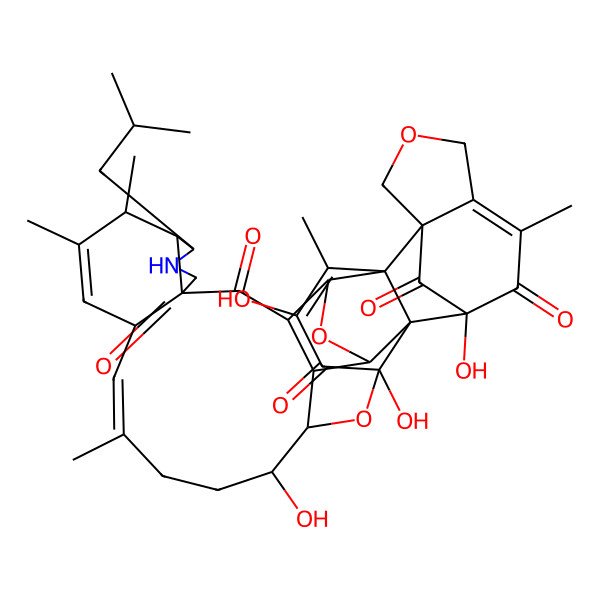 2D Structure of 6,16,18,21-Tetrahydroxy-8,15,24,28,29-pentamethyl-31-(2-methylpropyl)-3,11,19-trioxa-32-azadecacyclo[18.15.1.16,13.02,14.04,36.05,14.05,18.09,13.026,34.030,34]heptatriaconta-8,15,24,27-tetraene-7,17,33,35,37-pentone