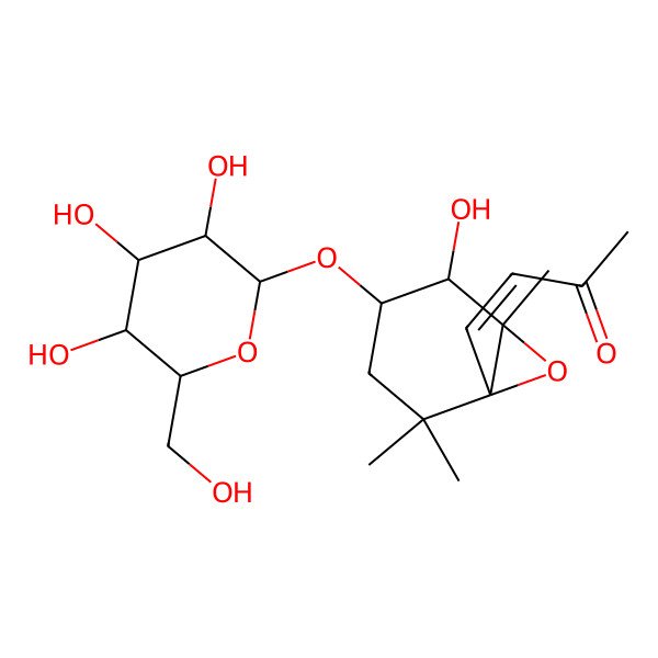 2D Structure of 4-[(1R,4S,5S,6S)-5-hydroxy-2,2,6-trimethyl-4-[(2R,3R,4S,5S,6R)-3,4,5-trihydroxy-6-(hydroxymethyl)oxan-2-yl]oxy-7-oxabicyclo[4.1.0]heptan-1-yl]but-3-en-2-one