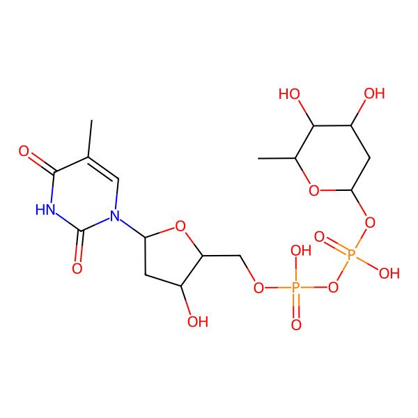 2D Structure of [(4S,5R,6S)-4,5-dihydroxy-6-methyloxan-2-yl] [hydroxy-[[(2R,3S,5R)-3-hydroxy-5-(5-methyl-2,4-dioxopyrimidin-1-yl)oxolan-2-yl]methoxy]phosphoryl] hydrogen phosphate