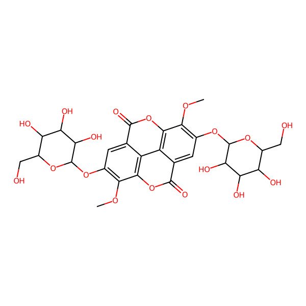 2D Structure of 7,14-dimethoxy-6,13-bis[[(2S,3R,4S,5S,6R)-3,4,5-trihydroxy-6-(hydroxymethyl)oxan-2-yl]oxy]-2,9-dioxatetracyclo[6.6.2.04,16.011,15]hexadeca-1(15),4,6,8(16),11,13-hexaene-3,10-dione