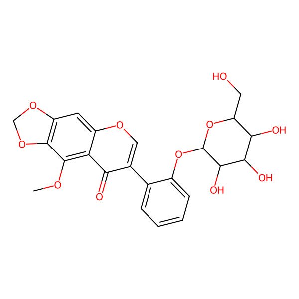 2D Structure of 9-methoxy-7-[2-[(2S,3R,4S,5S,6R)-3,4,5-trihydroxy-6-(hydroxymethyl)oxan-2-yl]oxyphenyl]-[1,3]dioxolo[4,5-g]chromen-8-one