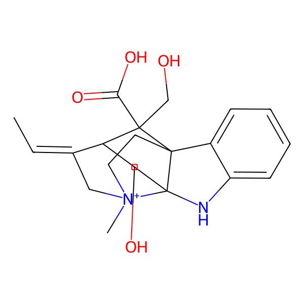 2D Structure of (1S,10R,12S,13E,18S)-13-ethylidene-10-hydroxy-18-(hydroxymethyl)-15-methyl-8-aza-15-azoniapentacyclo[10.5.1.01,9.02,7.09,15]octadeca-2,4,6-triene-18-carboxylic acid