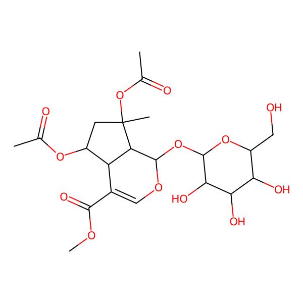 2D Structure of methyl (1S,4aS,5R,7S,7aS)-5,7-diacetyloxy-7-methyl-1-[(2R,3S,4S,5S,6R)-3,4,5-trihydroxy-6-(hydroxymethyl)oxan-2-yl]oxy-4a,5,6,7a-tetrahydro-1H-cyclopenta[c]pyran-4-carboxylate