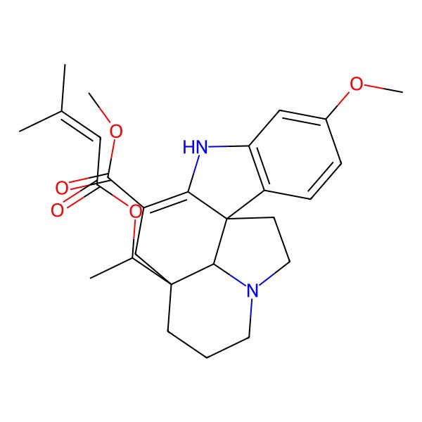 2D Structure of Methyl 5-methoxy-12-[1-(3-methylbut-2-enoyloxy)ethyl]-8,16-diazapentacyclo[10.6.1.01,9.02,7.016,19]nonadeca-2(7),3,5,9-tetraene-10-carboxylate