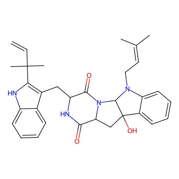 2D Structure of (1R,4S,7S,9S)-9-hydroxy-16-(3-methylbut-2-enyl)-4-[[2-(2-methylbut-3-en-2-yl)-1H-indol-3-yl]methyl]-2,5,16-triazatetracyclo[7.7.0.02,7.010,15]hexadeca-10,12,14-triene-3,6-dione