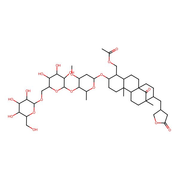 2D Structure of [(1R,4S,5S,6S,9S,10S,13R,14R)-6-[(2R,4R,5S,6S)-4-methoxy-6-methyl-5-[(2S,3R,4S,5S,6R)-3,4,5-trihydroxy-6-[[(2R,3R,4S,5S,6R)-3,4,5-trihydroxy-6-(hydroxymethyl)oxan-2-yl]oxymethyl]oxan-2-yl]oxyoxan-2-yl]oxy-9,13-dimethyl-17-oxo-14-[(5-oxooxolan-3-yl)methyl]-5-tetracyclo[11.3.1.01,10.04,9]heptadecanyl]methyl acetate