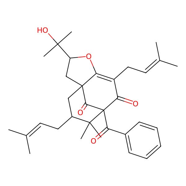 2D Structure of (1S,3S,8R,10R)-8-benzoyl-3-(2-hydroxypropan-2-yl)-9,9-dimethyl-6,10-bis(3-methylbut-2-enyl)-4-oxatricyclo[6.3.1.01,5]dodec-5-ene-7,12-dione