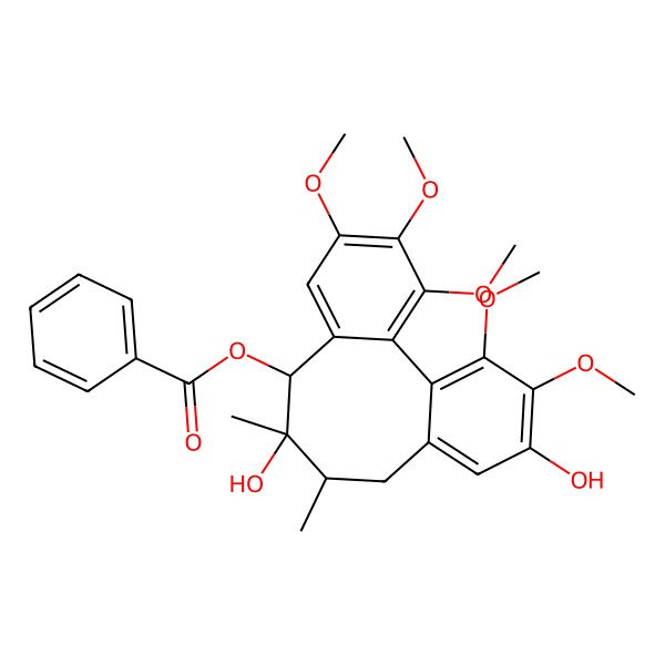 2D Structure of [(8R,9R,10S)-9,14-dihydroxy-3,4,5,15,16-pentamethoxy-9,10-dimethyl-8-tricyclo[10.4.0.02,7]hexadeca-1(16),2,4,6,12,14-hexaenyl] benzoate