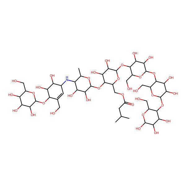 2D Structure of [(3R,6S)-3-[(5R)-5-[[(4S)-5,6-dihydroxy-3-(hydroxymethyl)-4-[(2R,5S)-3,4,5-trihydroxy-6-(hydroxymethyl)oxan-2-yl]oxycyclohex-2-en-1-yl]amino]-3,4-dihydroxy-6-methyloxan-2-yl]oxy-6-[(3R)-6-[(3R)-4,5-dihydroxy-2-(hydroxymethyl)-6-[(3R)-4,5,6-trihydroxy-2-(hydroxymethyl)oxan-3-yl]oxyoxan-3-yl]oxy-4,5-dihydroxy-2-(hydroxymethyl)oxan-3-yl]oxy-4,5-dihydroxyoxan-2-yl]methyl 3-methylbutanoate