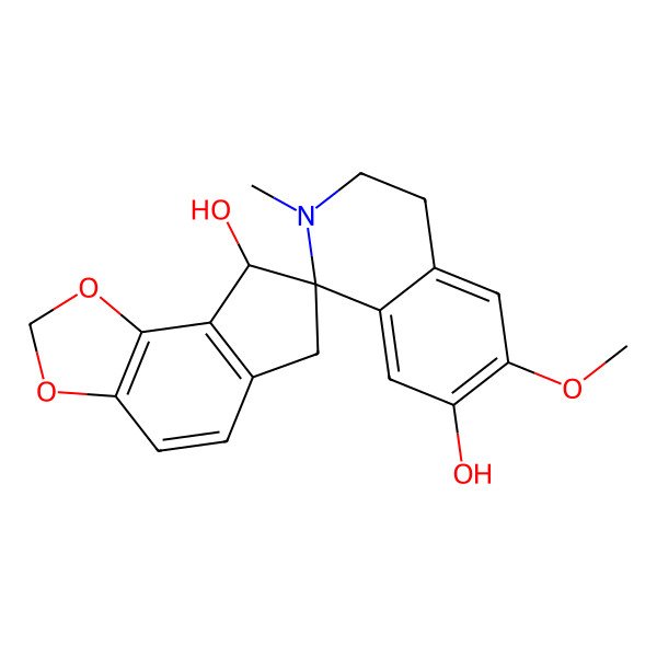 2D Structure of Spiro[7H-indeno[4,5-d]-1,3-dioxole-7,1'(2'H)-isoquinoline]-7',8-diol, 3',4',6,8-tetrahydro-6'-methoxy-2'-methyl-, (7S-trans)-