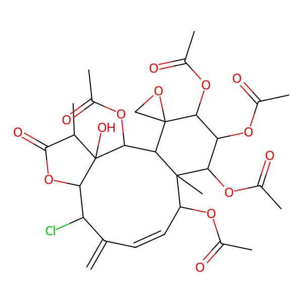 2D Structure of [(1S,2S,3R,4R,7R,8S,10Z,12S,13S,14R,15R,16R,17R)-2,14,15,16-tetraacetyloxy-8-chloro-3-hydroxy-4,13-dimethyl-9-methylidene-5-oxospiro[6-oxatricyclo[11.4.0.03,7]heptadec-10-ene-17,2'-oxirane]-12-yl] acetate