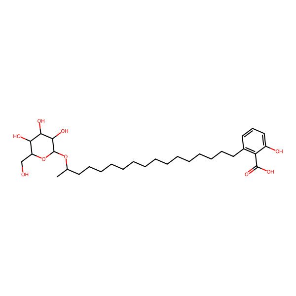 2D Structure of 2-hydroxy-6-[16-[(2R,3S,4S,5S,6R)-3,4,5-trihydroxy-6-(hydroxymethyl)oxan-2-yl]oxyheptadecyl]benzoic acid