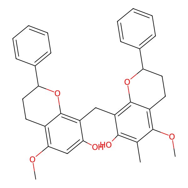 2D Structure of (2S)-8-[[(2S)-7-Hydroxy-2alpha-phenyl-5-methoxy-3,4-dihydro-2H-1-benzopyran]-8-ylmethyl]-2alpha-phenyl-5-methoxy-6-methyl-3,4-dihydro-2H-1-benzopyran-7-ol