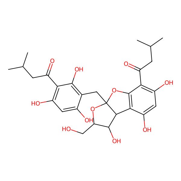 2D Structure of 3-methyl-1-[2,4,6-trihydroxy-3-[[1,6,8-trihydroxy-2-(hydroxymethyl)-5-(3-methylbutanoyl)-2,8b-dihydro-1H-furo[2,3-b][1]benzofuran-3a-yl]methyl]phenyl]butan-1-one