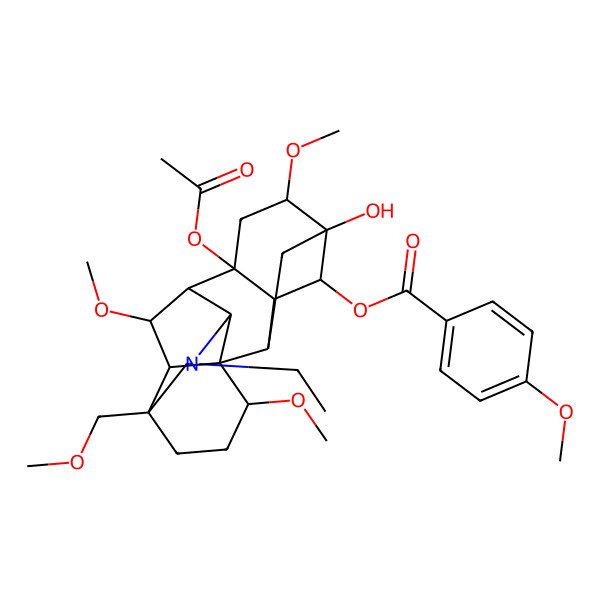 2D Structure of [8-Acetyloxy-11-ethyl-5-hydroxy-6,16,18-trimethoxy-13-(methoxymethyl)-11-azahexacyclo[7.7.2.12,5.01,10.03,8.013,17]nonadecan-4-yl] 4-methoxybenzoate