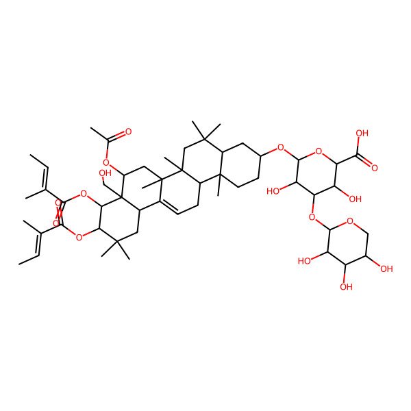 2D Structure of (2S,3S,4S,5R,6R)-6-[[(3S,4aR,6aR,6bS,8R,8aR,9R,10R,12aS,14aR,14bS)-8-acetyloxy-8a-(hydroxymethyl)-5,5,6a,6b,11,11,14b-heptamethyl-9,10-bis[[(Z)-2-methylbut-2-enoyl]oxy]-1,2,3,4,4a,6,7,8,9,10,12,12a,14,14a-tetradecahydropicen-3-yl]oxy]-3,5-dihydroxy-4-[(2S,3R,4S,5S)-3,4,5-trihydroxyoxan-2-yl]oxyoxane-2-carboxylic acid