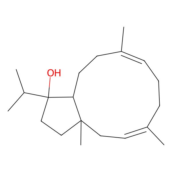 2D Structure of (1R,3aR,9E,12aR)-3a,6,10-trimethyl-1-propan-2-yl-2,3,4,7,8,11,12,12a-octahydrocyclopenta[11]annulen-1-ol