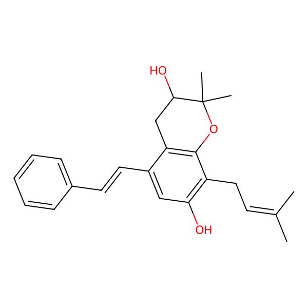 2D Structure of (3R)-2,2-dimethyl-8-(3-methylbut-2-enyl)-5-[(E)-2-phenylethenyl]-3,4-dihydrochromene-3,7-diol